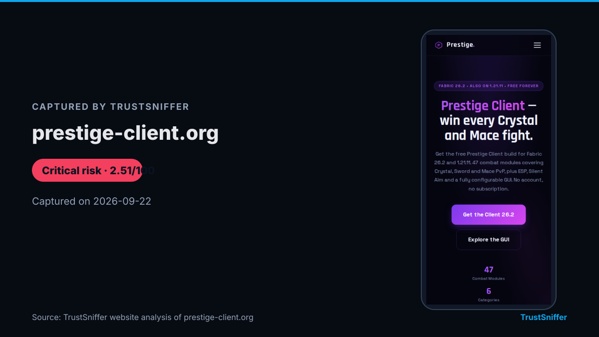 Screenshot of prestige-client.org, captured during TrustSniffer's analysis on 2026-09-22, which rated the site critical risk (2.51/100).