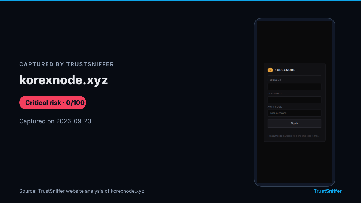 Screenshot of korexnode.xyz, captured during TrustSniffer's analysis on 2026-09-23, which rated the site critical risk (0/100).