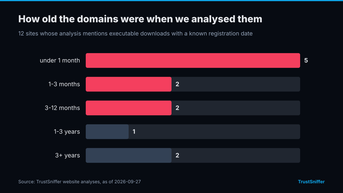 Domain ages of 12 sites whose analysis mentions executable downloads when analysed: 5 under a month, 2 aged 1-3 months, 2 aged 3-12 months, 1 aged 1-3 years, 2 aged 3+ years.
