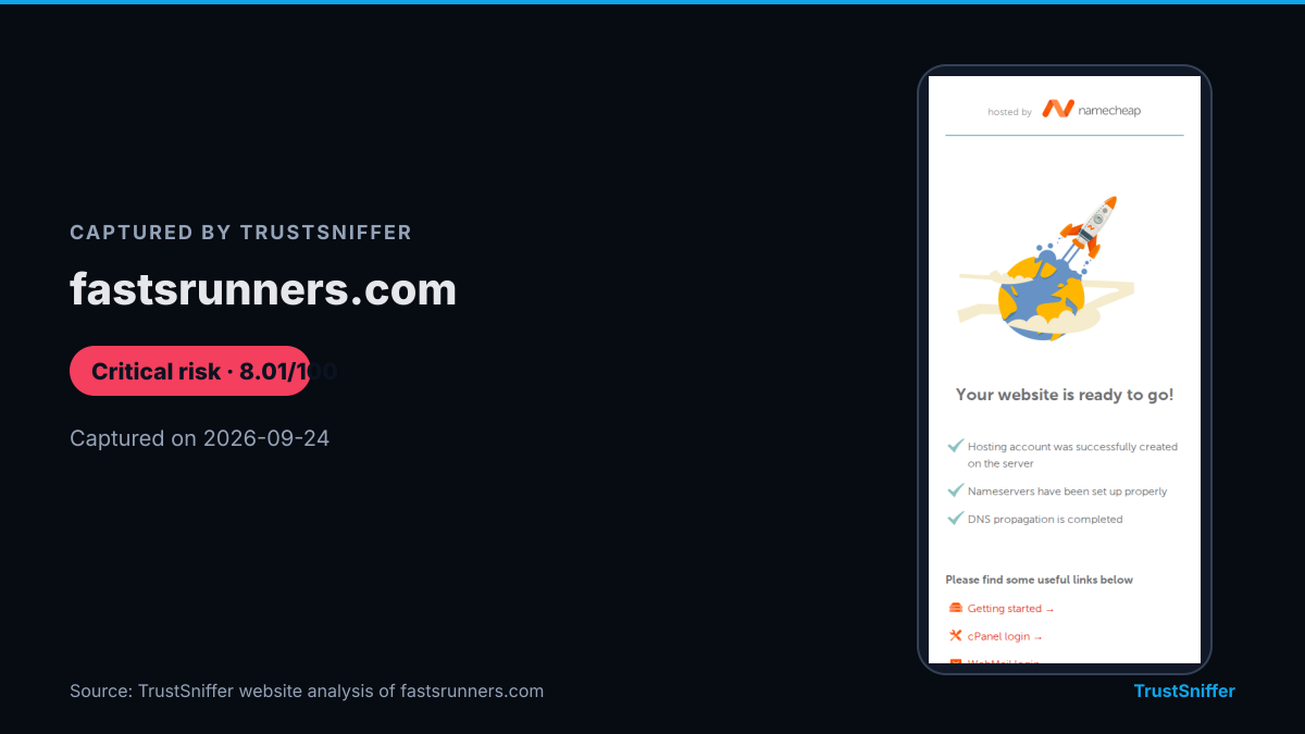 Screenshot of fastsrunners.com, captured during TrustSniffer's analysis on 2026-09-24, which rated the site critical risk (8.01/100).