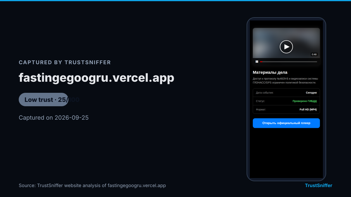 Screenshot of fastingegoogru.vercel.app, captured during TrustSniffer's analysis on 2026-09-25, which rated the site low trust (25/100).