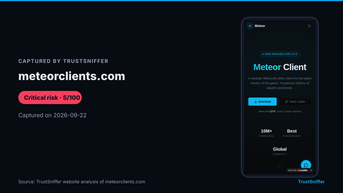 Screenshot of meteorclients.com, captured during TrustSniffer's analysis on 2026-09-22, which rated the site critical risk (5/100).
