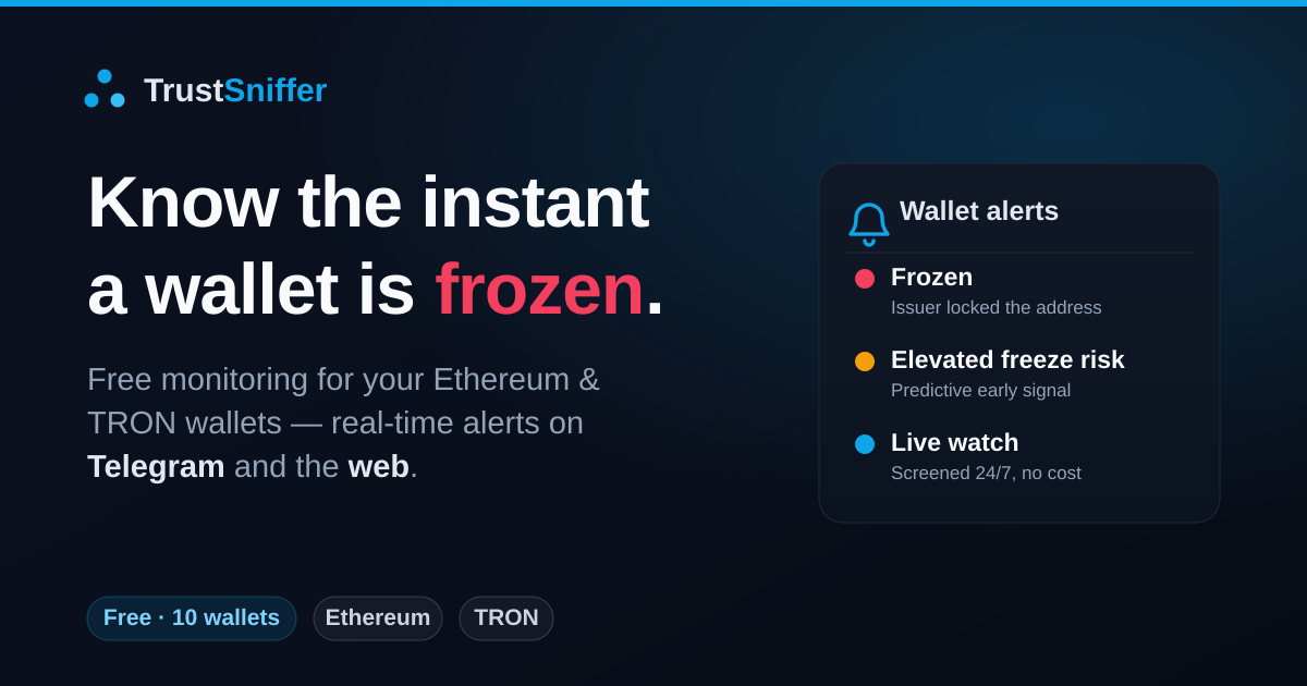 TrustSniffer wallet monitoring β alerts after supported freeze events and risk signals are processed, delivered through available web and Telegram channels.