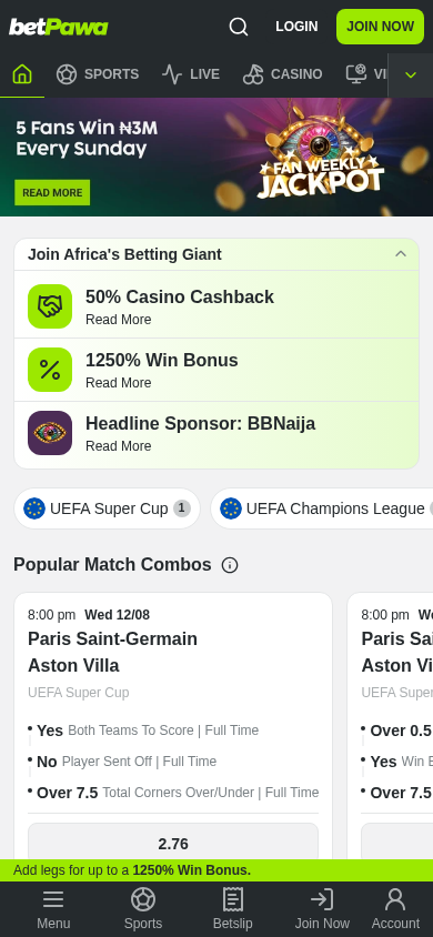 Screenshot of betpawa.ng