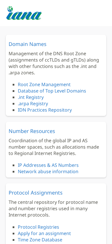 Screenshot of iana.org